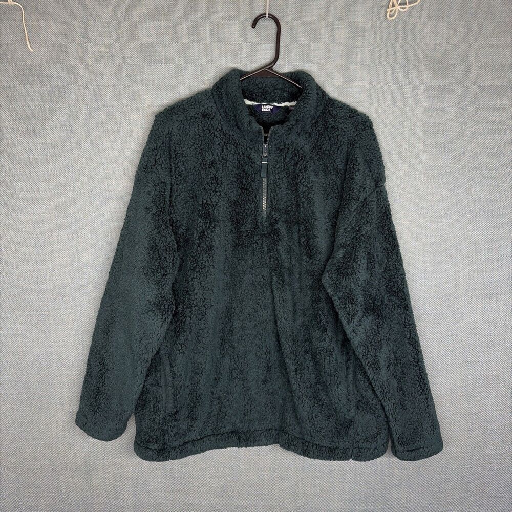 Lands End Teddy Sherpa Fleece Pullover Sz L 1/4 Zip Pockets Cozy Soft Cabincore